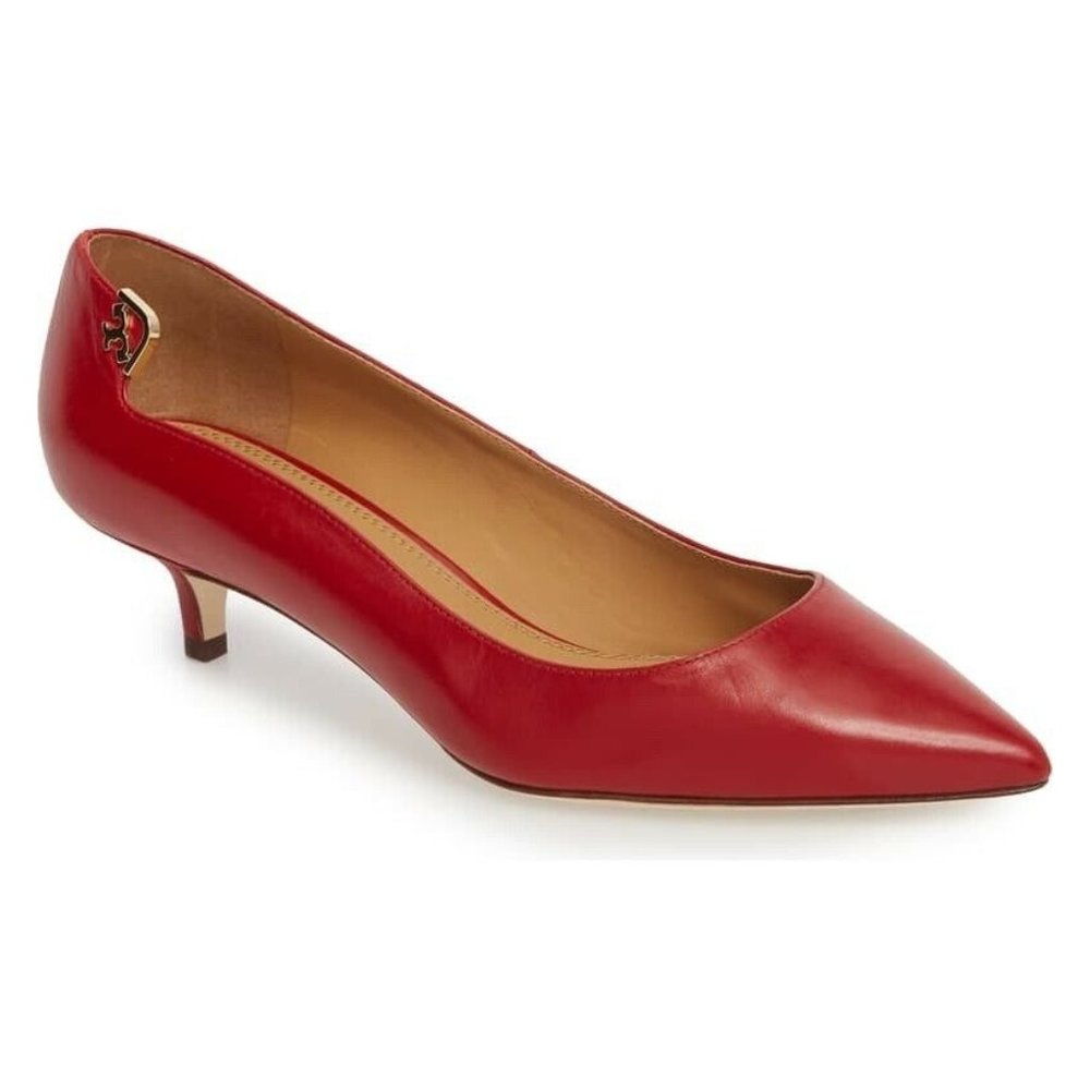 Tory Burch Pump Elizabeth 40mm Red Calfskin Leather Low Kitten Heels Size 7